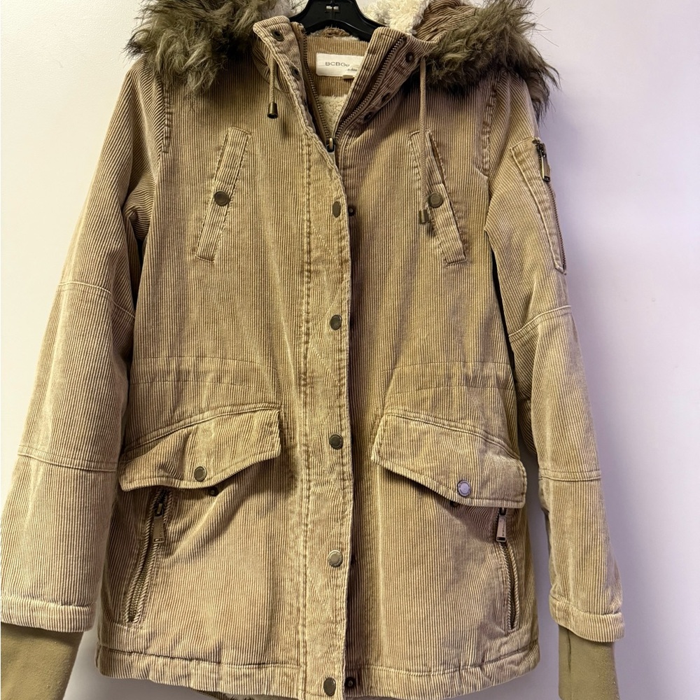 BCBGeneration Tan Corduroy Utility Jacket with Faux Fur Hood